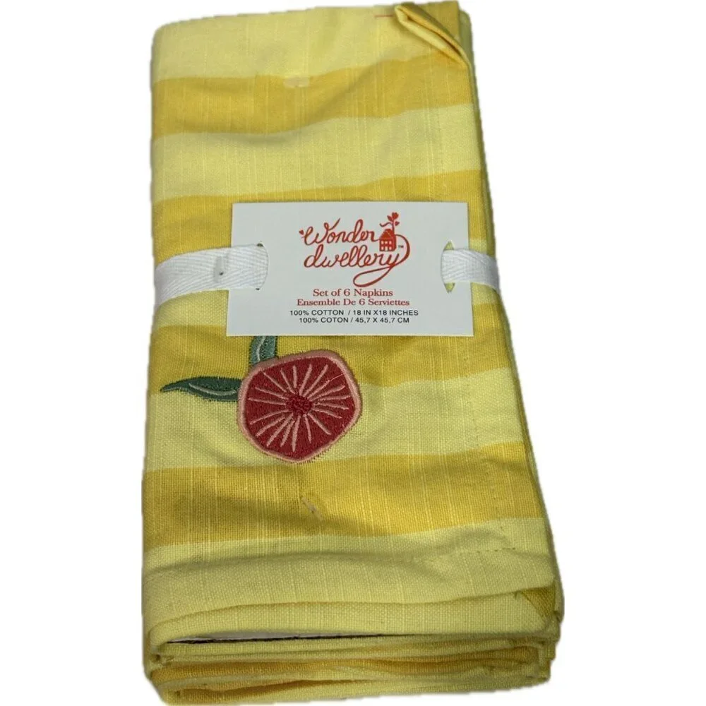 Wonder Dwellery Yellow Striped Embroidered Fruit Accent Cotton Napkins-6 Pack